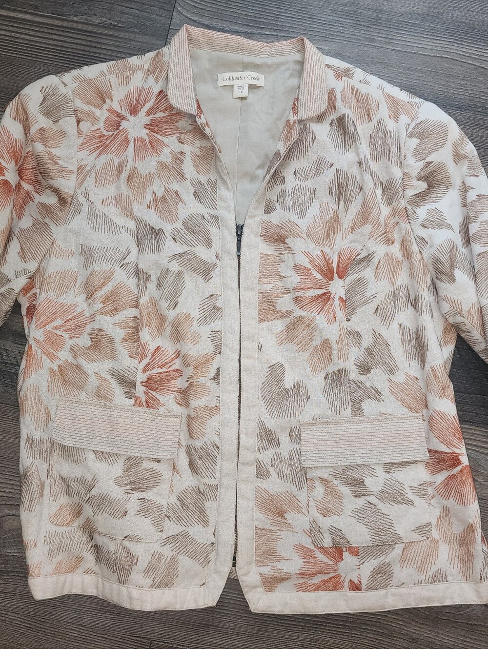 Coldwater Creek Full Zip Jacket Sz 16 Beige Embroidered Business Casual Minimal